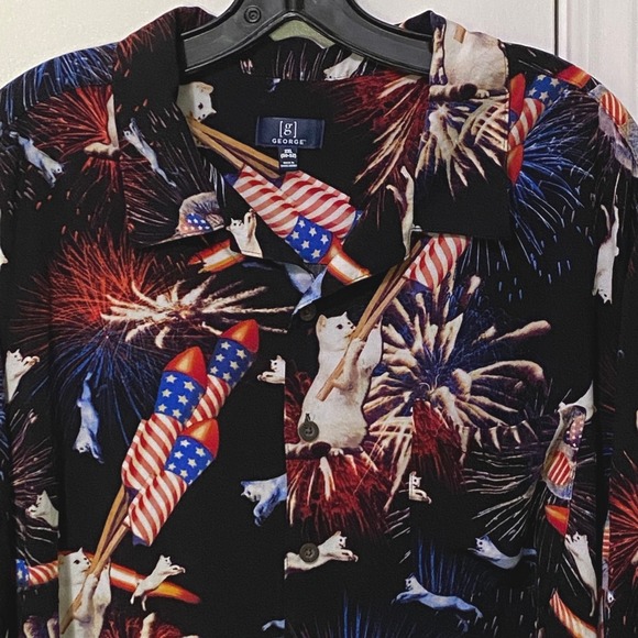 George Other - Patriotic Mens Button Front Shirt‎ 2XL Cats Rockets Fireworks Kitschy Americana
